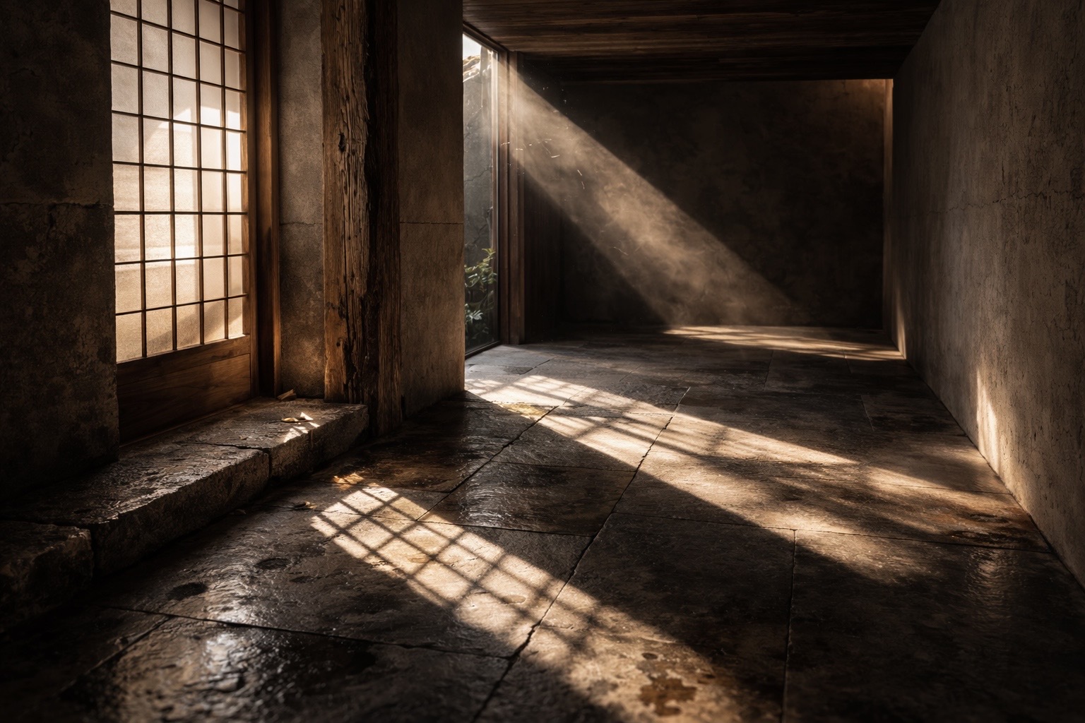 A quiet room with a beam of daylight and dust in the air.