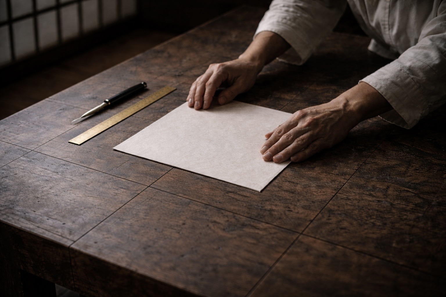Hands preparing a sheet on an aged work surface.