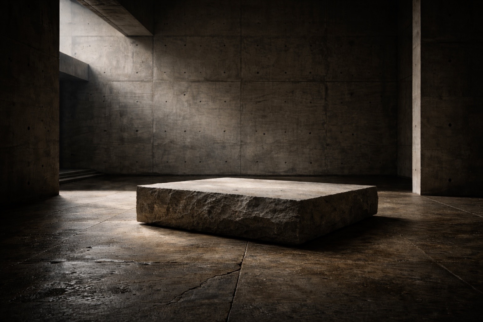 A monolithic stone in a quiet concrete room.