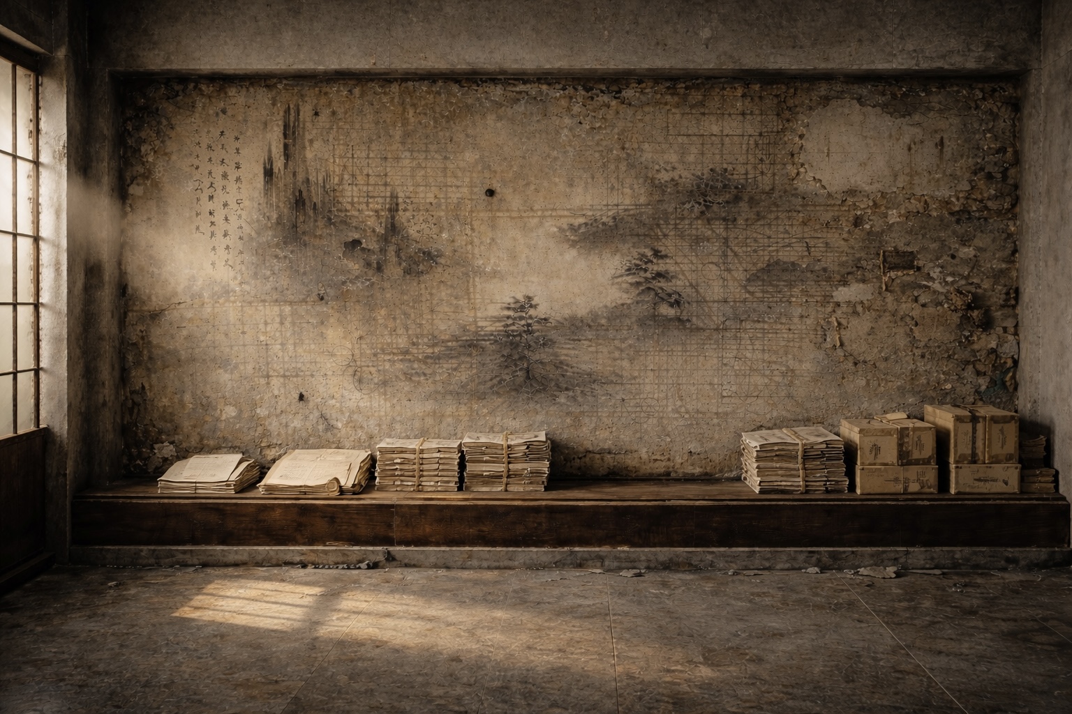 A working archive shelf with portfolios and human trace.